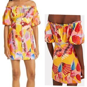 Farm Rio Yellow Neon Macaw Mother of Pearl Puff Sleeve Coastal Large Dress NWT